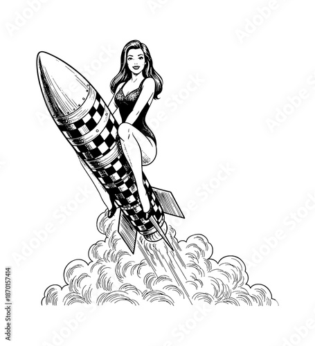 Caucasian pinup woman smiling happily riding a launching checker patterned rocket with smoke trails