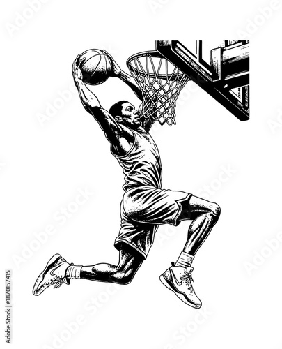 African American male basketball player vigorously dunking the ball into the hoop with intense focus