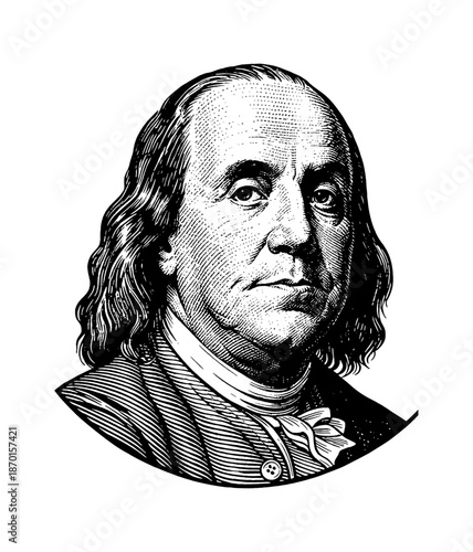 Benjamin Franklin Portrait Serious Expression American Historical Figure Engraving Style Headshot