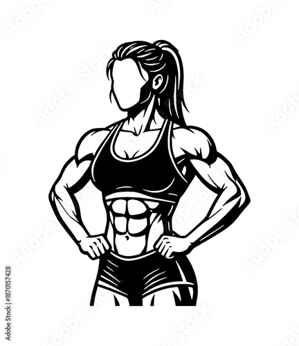 Strong Muscular Woman Posing Confidently in Athletic Wear Showing Defined Abs Biceps and Ponytail