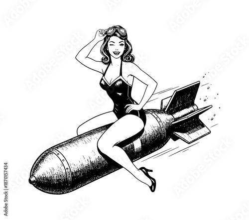 Smiling Caucasian pinup woman winking in a black swimsuit and aviator goggles riding a bomb playfully