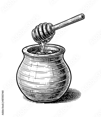 Vintage Engraving of a Honey Pot with a Dipper Dripping Sweet Golden Liquid Isolated on White Background