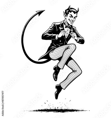 Mischievous Devil Man in Tuxedo with Horns and Tail Jumping and Smiling Playfully Black and White Illustration