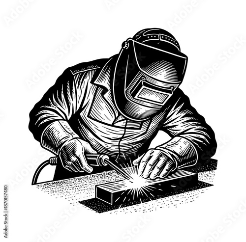 Professional welder focused on work creating bright sparks in protective gear black and white illustration