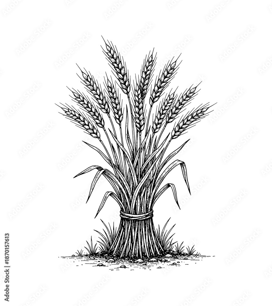 Fototapeta premium A tied bundle of wheat ears and stalks in a detailed vintage line art drawing style