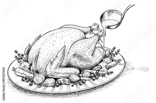Roasted Chicken or Turkey on Platter with Vegetables Being Basted by Gravy in Detailed Line Art Engraving Style