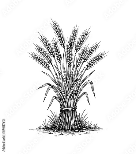 A tied bundle of wheat ears and stalks in a detailed vintage line art drawing style