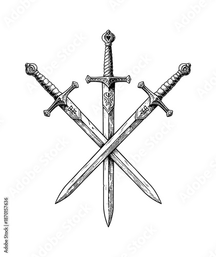 Detailed Black and White Vintage Illustration of Three Crossed Swords with Ornate Hilts and Blades