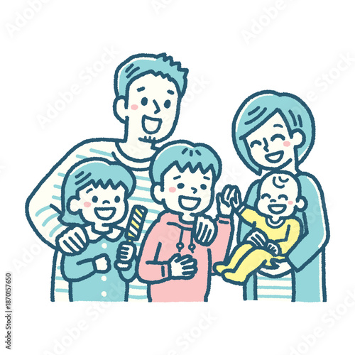 5人家族 赤ちゃん 兄姉 見守る 笑顔 シンプルカラー ベクター イラスト