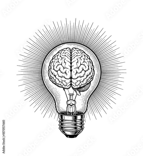 Human Brain Inside a Light Bulb with Bright Idea Rays in Vintage Style Outline Line Art Drawing Black and White