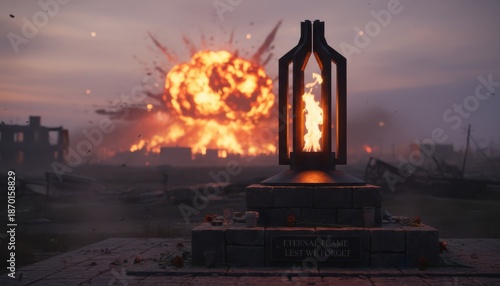 Memorial flame burns brightly against background of a huge atomic bomb explosion. End of the world realistic photorealistic rendering apocalypse