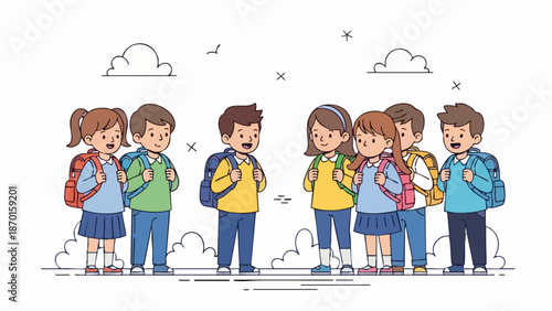 Group of school children with backpacks standing together ready for school.