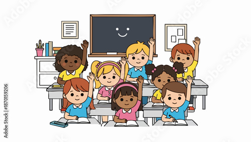 Diverse Group of Students Eagerly Raising Hands in Classroom Setting.