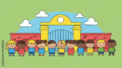 Group of diverse children standing in front of school building.