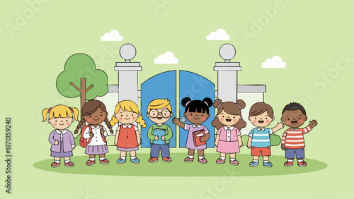 Diverse Group of Children Standing in Front of School Gates.
