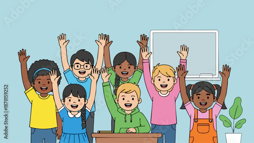 Happy children raising hands in classroom eager to learn and participate.