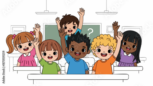 Happy children raising hands in classroom ready to answer questions.