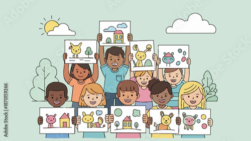 Group of diverse children proudly displaying their colorful drawings and artwork.