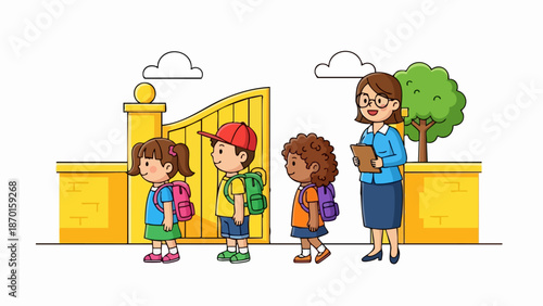 Children going to school with their teacher at the gate.