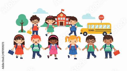 Diverse group of happy children walking to school with a school building and bus in the background.