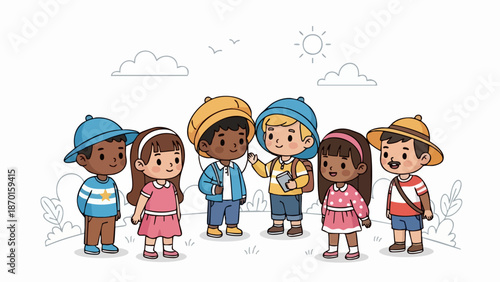 Group of Diverse Children Standing Together in a Playful Illustration.