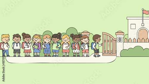Diverse group of elementary school children in a line waiting for school.