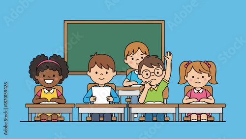 Classroom learning environment with diverse students and a blackboard.