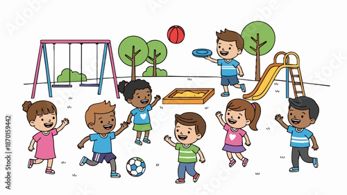 Happy diverse children playing together outdoors with joy and enthusiasm.