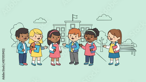 Diverse group of happy children standing together smiling.