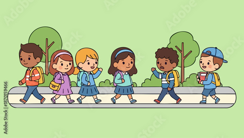 Group of diverse elementary school children walking together to school on sidewalk.