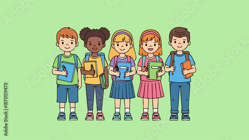 Group of diverse students standing together with books and backpacks.