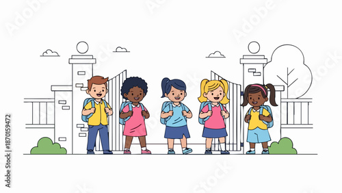 Diverse Group of Children Heading to School with Backpacks.