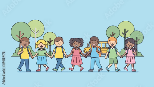 A diverse group of happy school children holding hands and walking together.