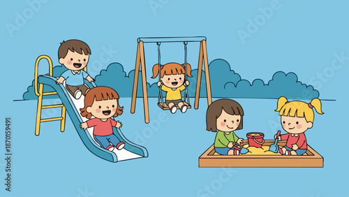 Children Enjoying Playground Activities - Sliding, Swinging, and Playing in Sand.