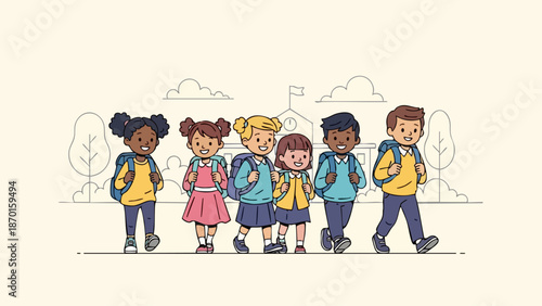 Diverse Group of Elementary School Children Walking Together.