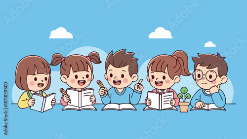 Group of happy children reading books and studying together in a classroom setting.