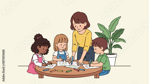 Teacher assisting children with drawing and coloring activities at a table.