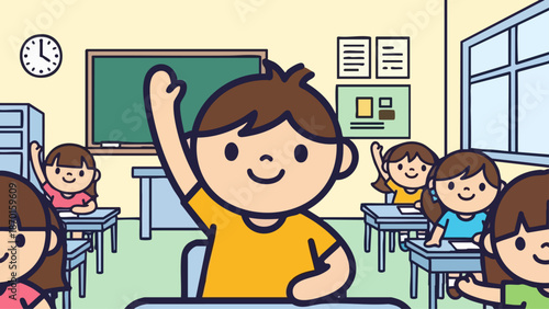 Enthusiastic Students Raising Hands in a Classroom Setting.