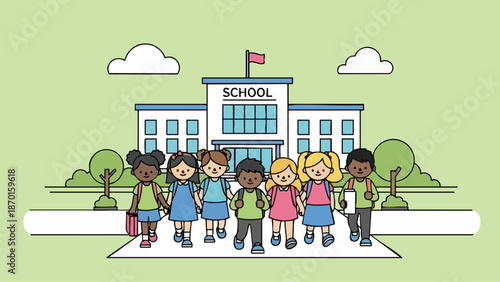 Diverse group of elementary school students walking towards school building.