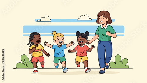 Happy teacher and diverse children running outdoors playing together.