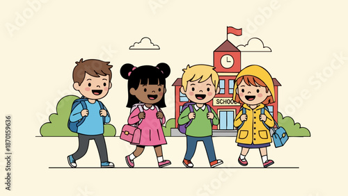 A diverse group of happy elementary school children walking together.
