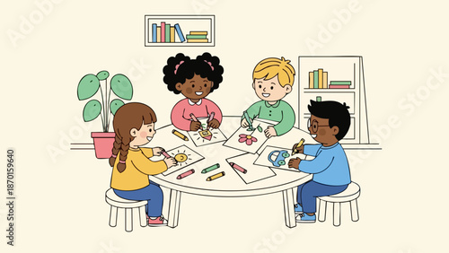 Diverse Group of Happy Children Drawing and Coloring Together at a Round Table.
