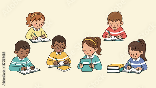 Diverse group of young students studying together in a classroom setting.