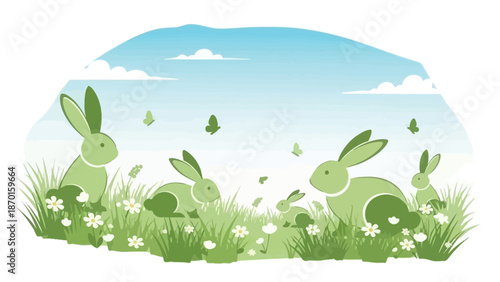 Whimsical Easter Scene: Playful Green Rabbits in a Meadow with Butterflies and Flowers