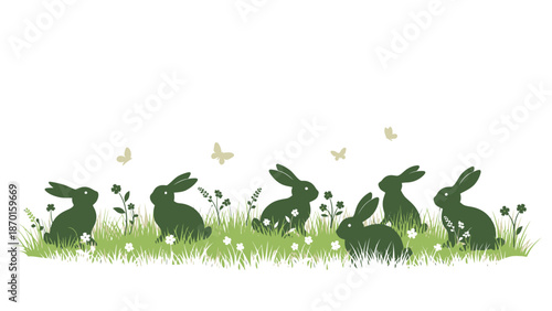 Silhouettes of Easter Bunnies and Butterflies in a Grassy Field with Flowers