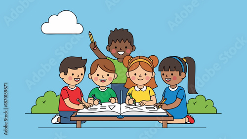 Diverse children studying together outdoors learning and collaborating.