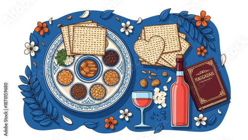 Passover Seder Plate with Matzah, Wine, and Haggadah for Jewish Holiday Celebration