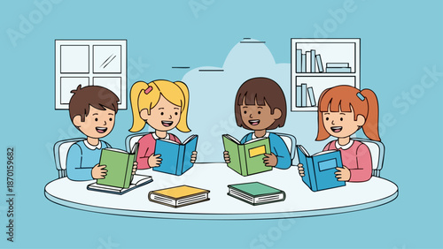 Diverse group of happy children reading books together at a round table.