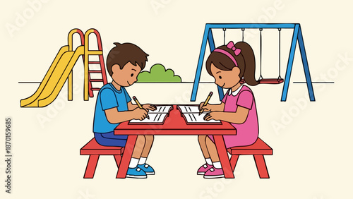 Two young children drawing and writing together at a red picnic table.