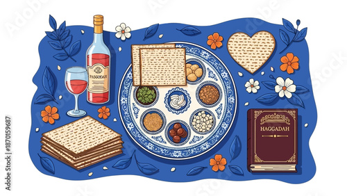 Passover Seder Plate with Matzah, Wine, and Haggadah for Jewish Holiday